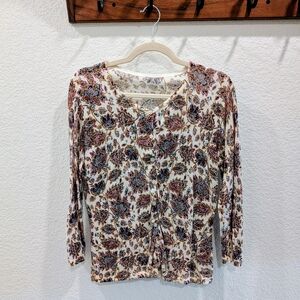 Garnet Hill Merino Wool Paisley Women's 3/4 Sleeve Cardigan